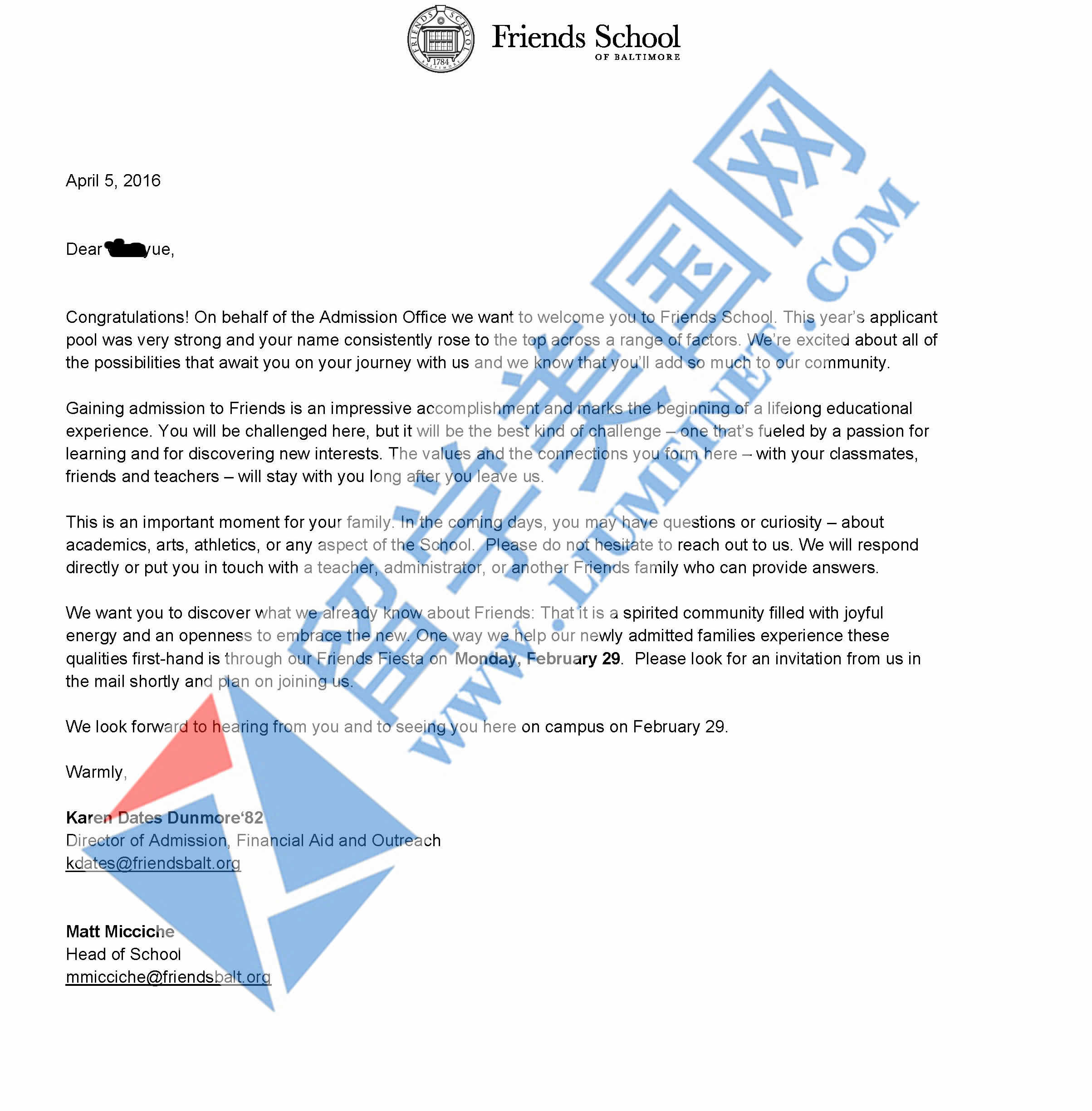 恭喜吳同學(xué)獲得巴爾的摩貴格會(huì)學(xué)校offer